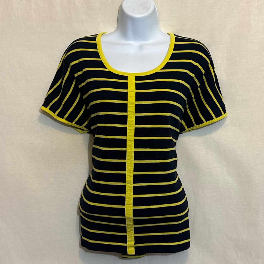 F-67 Jones New York Black & Yellow Stripe Short Sleeve Pullover Blouse Size XL